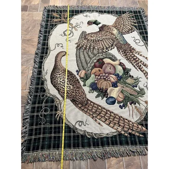 Vtg Tapestry Throw 52x68 Pheasant Cornucopia Harvest Cabin Lodge Fringe Blanket - Picture 4 of 13
